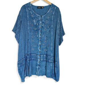 M.i.b. Blue Embroidered Peasant Top Size 2X Flowy Lightweight Mixed Media